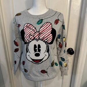 Disney Store Minnie Mouse holiday sweater sparkling sequin Christmas lights Med.